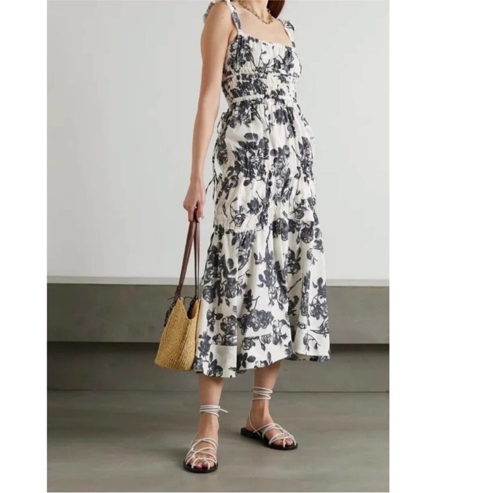 Brock Collection Prisca Shirred Floral-Print Cotton-Poplin‎ Midi Dress Size 4
